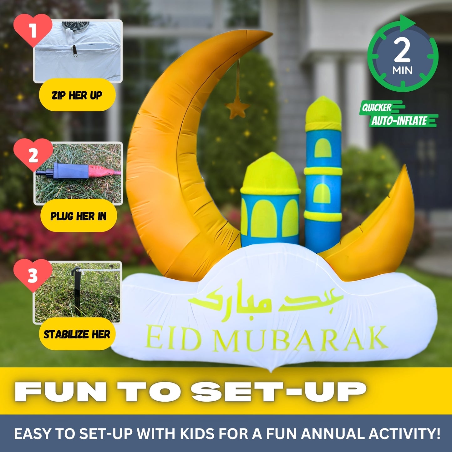 6FT Ramadan Inflatable - Yellow Crescent Moon with Double Minarets