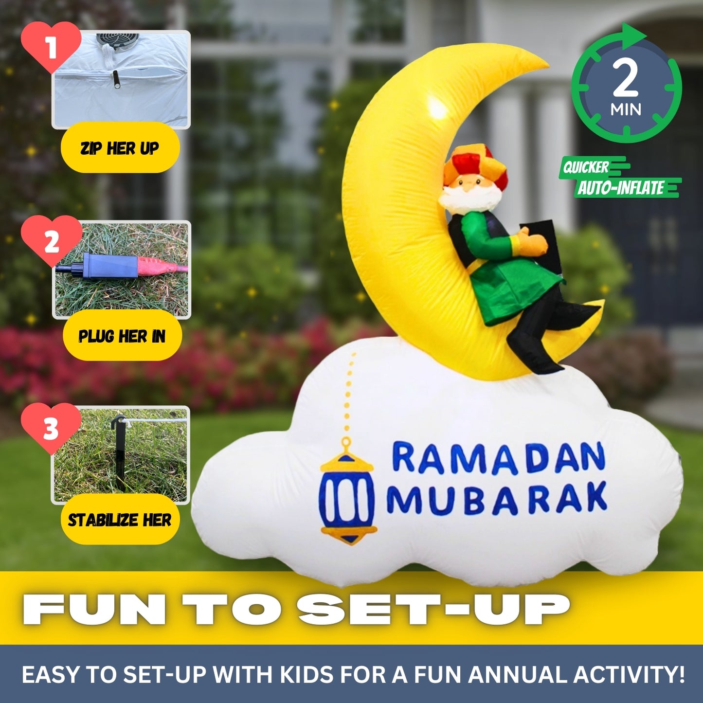 5FT Ramadan Inflatable - Man Reading Quran on Crescent Moon