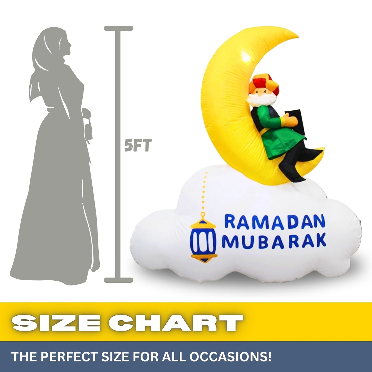 5FT Ramadan Inflatable - Man Reading Quran on Crescent Moon